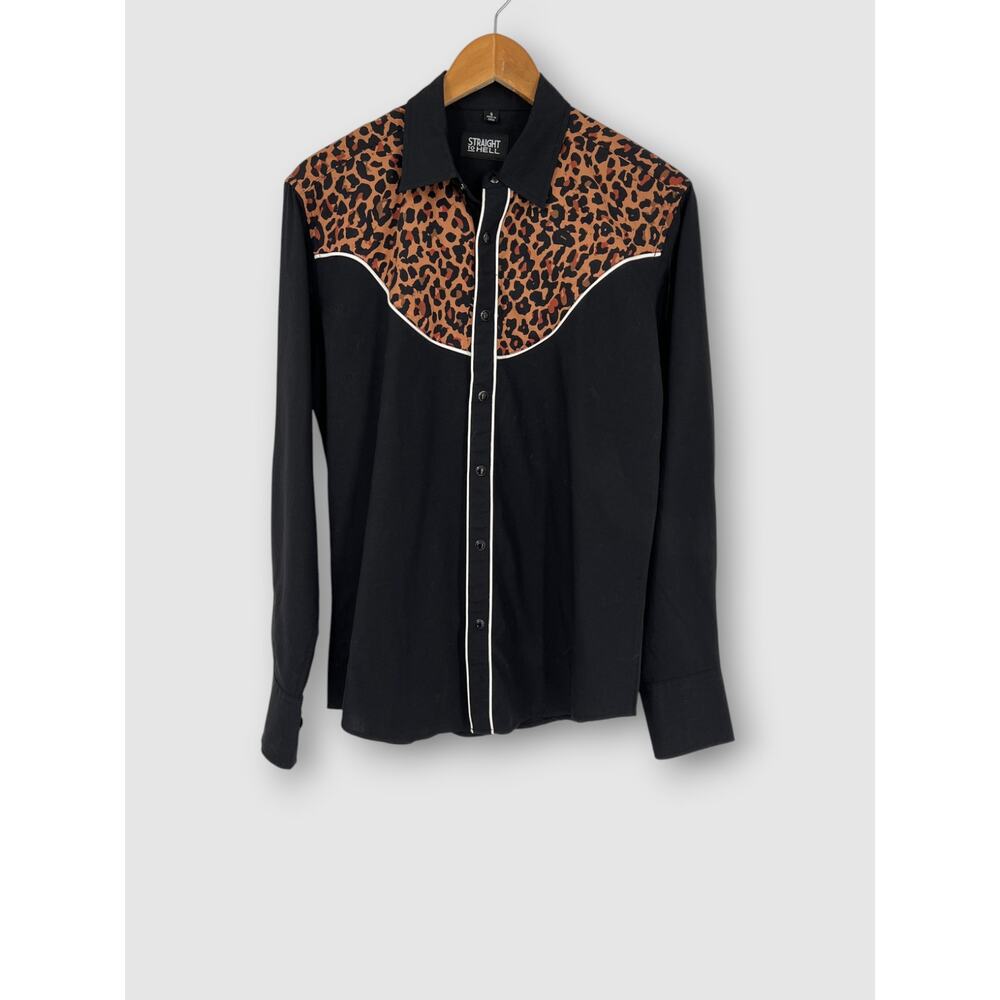 Straight to Hell Western Black Leopard Print Yoke Snap Button Shirt Size Small